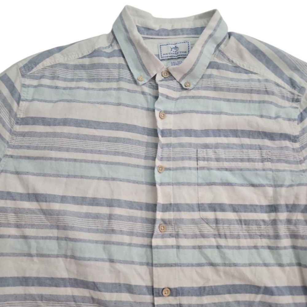 Southern Tide Blue & White‎ Striped Linen Blend Lightweight Shirt Mens Large